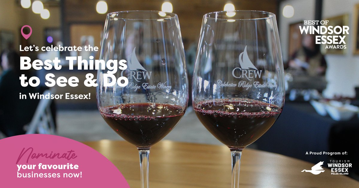 Nominations are now open for the Best of Windsor-Essex Awards! Visit surveymonkey.com/r/2BSZYDH to nominate your CREW for "Winery Experience" (Question 5), "Tour Experience" (Question 1) &amp; "Food" (Question 6)!

Nominations close on Jan. 31st! Thank you for your continued support!