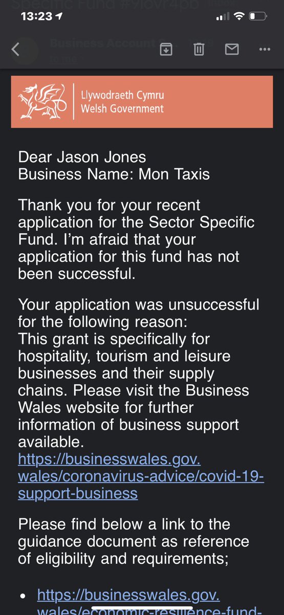 WAW!!!!!!! Once again refused by the <a href="/WelshGovernment/">Welsh Government</a> for a business grant! Am I missing something here? As a taxi company i would personally say im A Supply chain to various hotspots (tourism) shops and restaurnats (hospitality) right? Or am I totally on the wrong page?