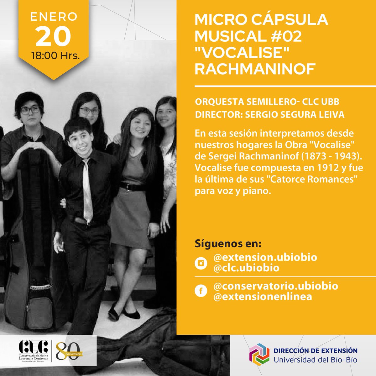 Hoy , 18 hrs. Orquesta Semillero del Conservatorio de Música Laurencia Contreras de la Universidad del Bío-Bío, desde sus hogares. 

youtu.be/gfdvtXLKaoU.  
Ayúdanos a compartir con tus amigos. Y recuérda que nuestras actividades siempre siguen disponibles después del estreno.