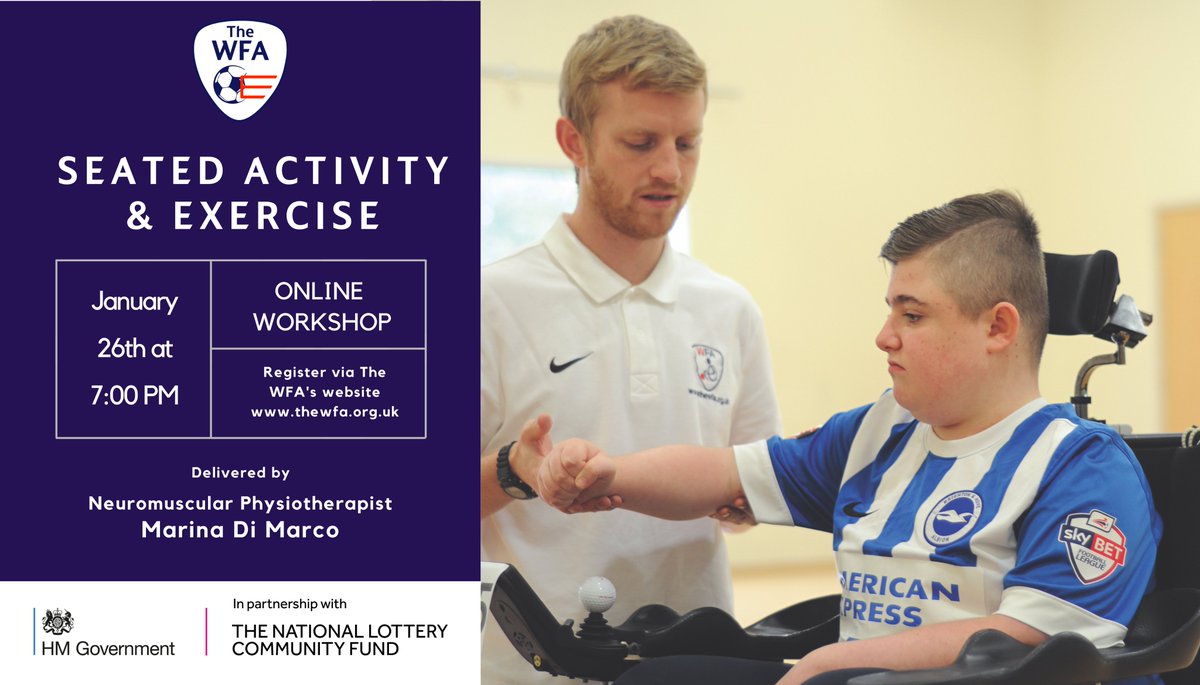 We are delighted to announce a workshop on seated activity &amp; exercise, with Neuromuscular Physiotherapist, Marina Di Marco.

📆 🕖 Tuesday, 26th January at 7:00pm

For more details follow the link below ⬇

thewfa.org.uk/seated-exercis…

#PowerchairFootball