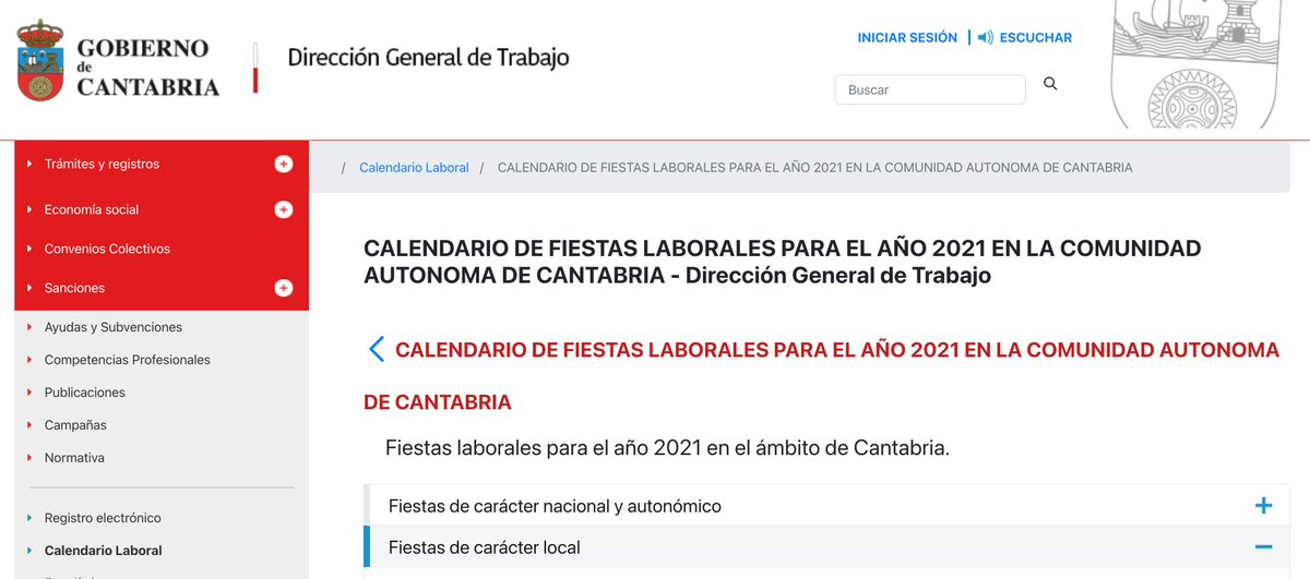 CALENDARIO DE FIESTAS LABORALES PARA EL AÑO 2021 EN LA COMUNIDAD AUTÓNOMA DE CANTABRIA - Dirección General de Trabajo.

Todas las fiestas nacionales, regionales y locales. bit.ly/3sK4Eoe