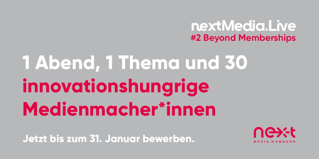 Am 10.2. widmen wir uns in der zweiten nextMedia.Live-Session gemeinsam mit <a href="/andreasspiegler/">Andreas Spiegler</a> der Frage, wie Medienmarken Gesellschaft gestalten. Wie lassen sich passive Customer*innen aktivieren? 

Wer mitdiskutieren möchte, kann sich hier bewerben ➡️ bit.ly/3p8aRZi