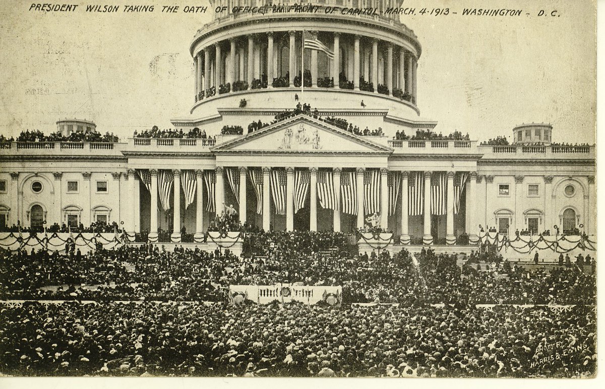 woolly_wilson's tweet photo. Inaugural Ceremonies always begin a bit before noon, as stated in the Constitution, so the president could always be sworn in at 12:00 and then give a speech. Here is a postcard from the 1913 event. #InaugurationHistory #PresidentialHistory https://t.co/bYyB7owUPu
