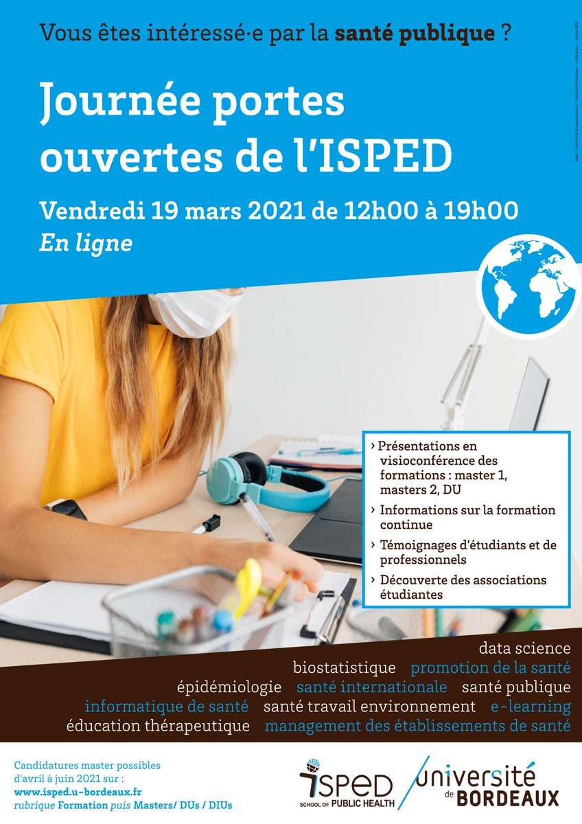Isped_Bordeaux's tweet photo. [Save the date]
La journée « portes ouvertes virtuelles » de l'@Isped_Bordeaux aura lieu le 19 mars 2021 de 12h à 19h !

Connectez-vous pour avoir des informations sur nos formations en #santépublique et discuter avec les enseignants et étudiants de notre institut ! https://t.co/B1XY4hT9IS
