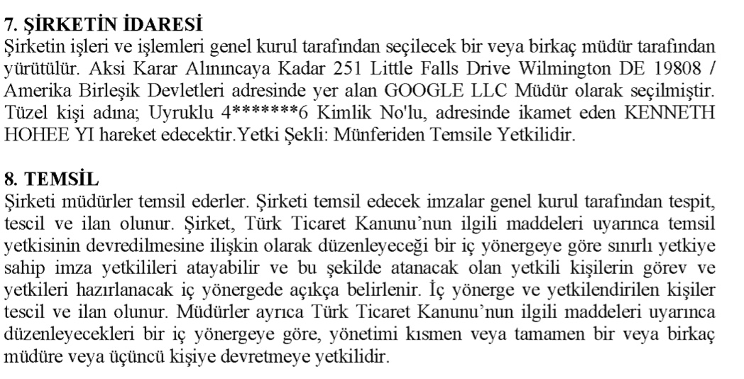 8. The details of the new Google company were published on 12.02.2021 on the Turkey Trade Registry Gazette and the name of Kenneth Hohee Yi appears on the official documentation as acting director.