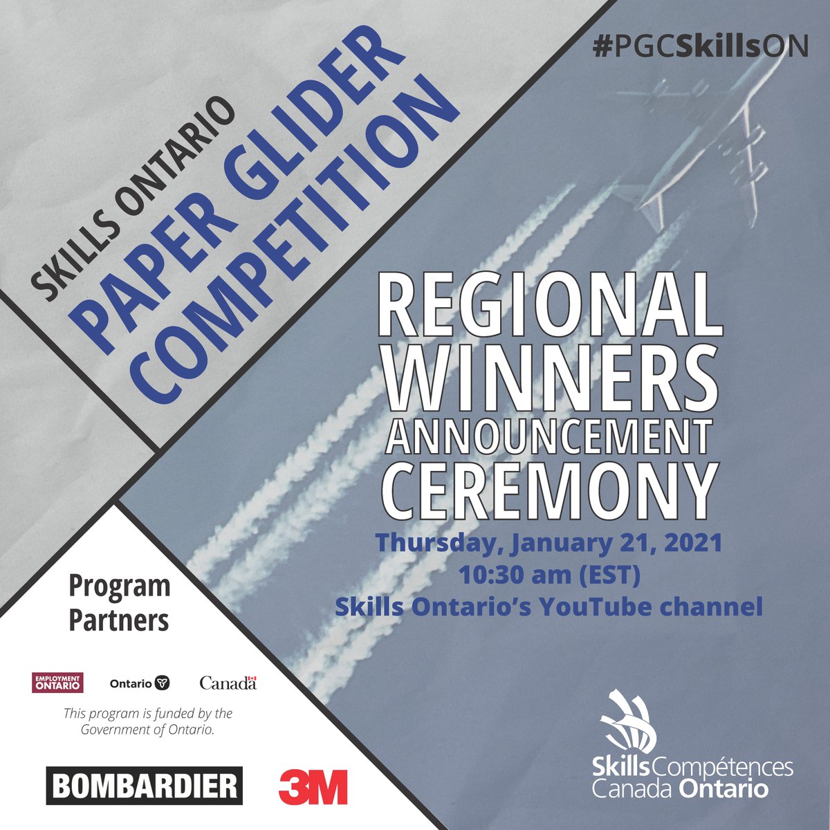 Thank you <a href="/ONgov/">Ontario Government</a>, <a href="/Bombardier/">Bombardier</a> and <a href="/3MCanada/">3mcanada</a> for supporting our Paper Glider Competition! Join us for our ceremony tomorrow at 10:30am at youtube.com/user/SkillsOnt…! We’ll be announcing the Regional Winners and sharing the Championship Round challenge! #PGCSkillsON #SkillsTakeFlight