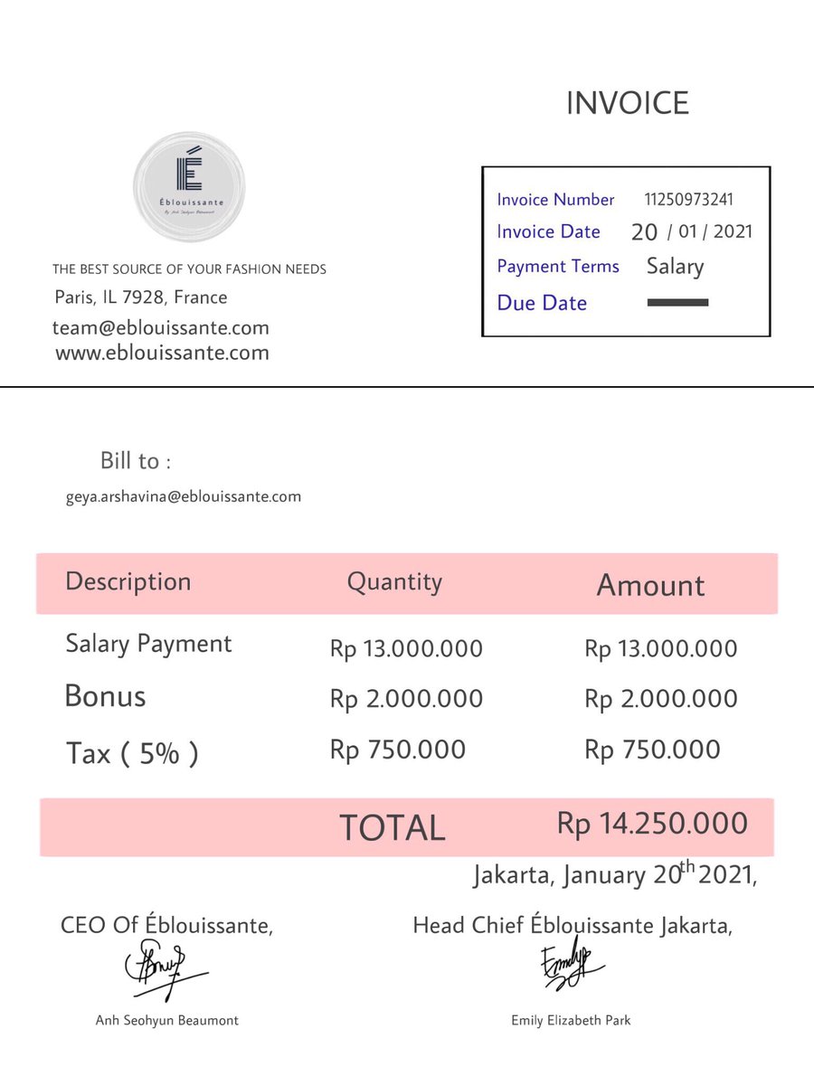 on January 20th 2021 at 09.45 AM Indochina time.
Here is the invoice of your salary payment. 

Best Regards,
The Éblouissante Team.

Salarypayment.pdf