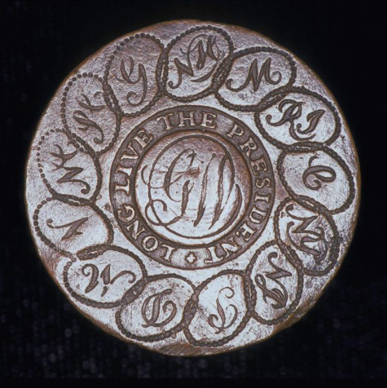 TheHistoryBluff's tweet photo. A commemorative button for polygamist and president George Washington on the occasion of his inauguration in 1789. The initials around the buttons are those of his 13 wives, the most famous of the wives, of course, being Martha. https://t.co/3sFJiQqmBv