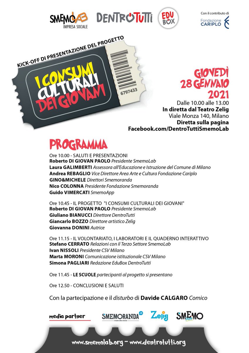 Smemolab dentrotutti.org non demorde anzi rilancia e dopo l’accordo triennale col Ministero dell’Istruzione progetto con le scuole di Milano . Il 28 gennaio dallo Zelig si comincia....