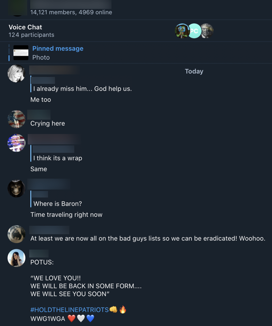 One QAnon chatroom on Telegram following Trump's departure speech seems to show a divide between those realizing Trump's presidency is over & urging people to still believe QAnon.