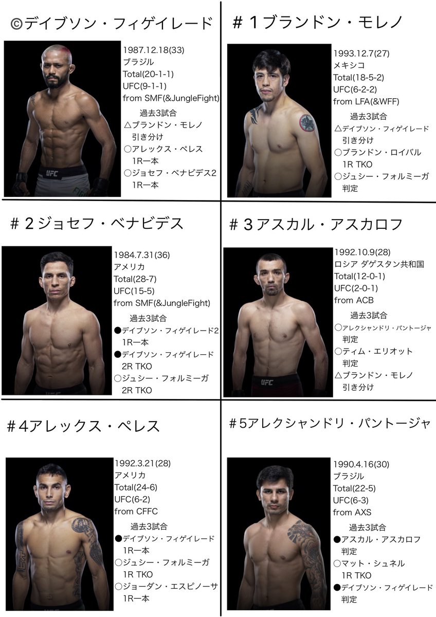 タカ בטוויטר Ufcフライ級年top15 注目ファイター フィゲイレードがチャンピオンになった事で活性化されたフライ級ではあるが ランカーの戦績を見ても分かる通り1勝でもすればランキングに入れる程 層が薄い階級 我らケイプはパントージャと戦う 予定なので