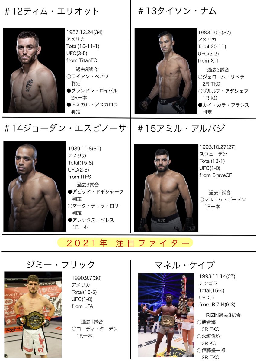 タカ בטוויטר Ufcフライ級年top15 注目ファイター フィゲイレードがチャンピオンになった事で活性化されたフライ級ではあるが ランカーの戦績を見ても分かる通り1勝でもすればランキングに入れる程 層が薄い階級 我らケイプはパントージャと戦う 予定なので