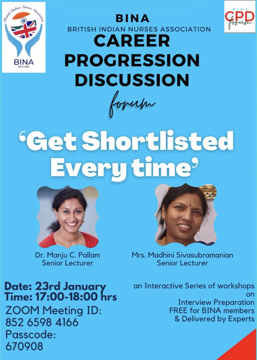 BINA (British Indian Nurses Association) (@bina_uk) on Twitter photo Please join us for our CPD session on 23rd Jan’2021 at 17:00 UK time us02web.zoom.us/j/85265984166?… <a href="/mcpallam/">Dr Manju C Pallam</a> Mrs Sivasubramanian are going to share top tips on writing supporting information and getting shortlisted. Don’t miss it Please join us for our CPD session on 23rd Jan’2021 at 17:00 UK time us02web.zoom.us/j/85265984166?… <a href="/mcpallam/">Dr Manju C Pallam</a> Mrs Sivasubramanian are going to share top tips on writing supporting information and getting shortlisted. Don’t miss it