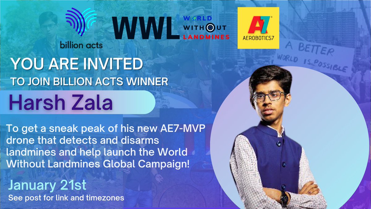 UN_Disarmament's tweet photo. Join @PeaceJam #BillionActs winner Mr. Zala, who will present his new drone that detects and disarms landmines &amp; launch his World Without Landmines campaign, seeking to raise awareness about landmines &amp; inspire youth to #work together &amp; eliminate them 👉 https://t.co/4XrieQX0Iv. https://t.co/LOErst1Kcz