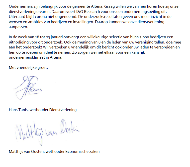 In opdracht van Gemeente Altena voert I&amp;O Research een onderzoek uit om te achterhalen hoe de dienstverlening vanuit de gemeente wordt ervaren. Het is daarom mogelijk dat je een uitnodiging voor het onderzoek ontvangt.

#gemeentealtena #ondernemershuis #altena