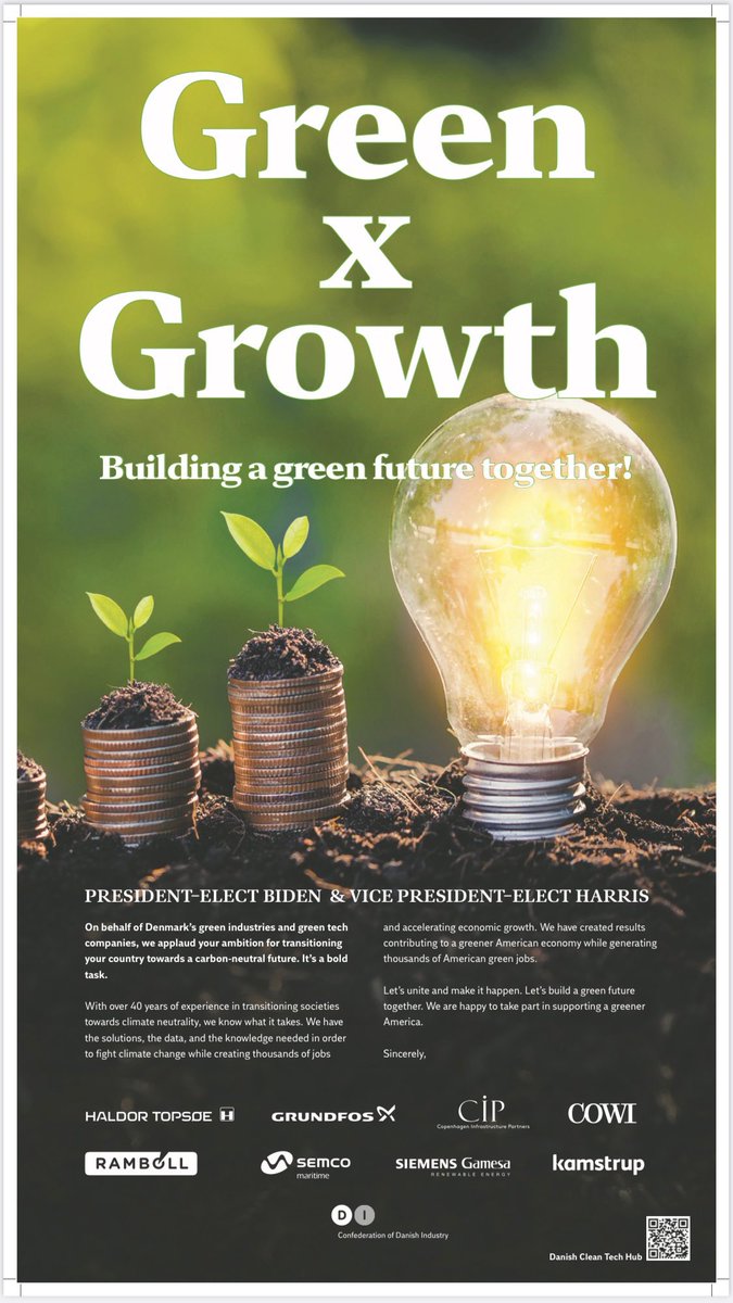 DanJoergensen's tweet photo. Stærkt budskab i @nytimes fra flere virksomheder og organisationer i #dkbiz: Grøn vækst er vejen frem - også i USA med @JoeBiden som ny præsident #dkgreen #dkpol https://t.co/jTp4hISUbf