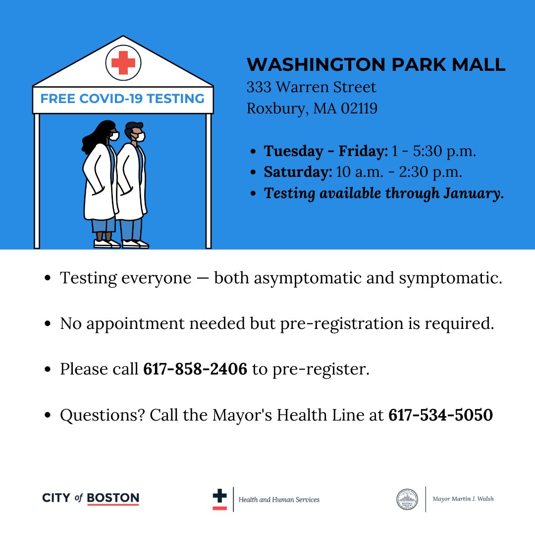 HealthyBoston's tweet photo. Boston, we need you to get tested for #COVID19. It is a critical part of slowing the spread in our City. Our free mobile testing sites are in Hyde Park, Roxbury and JP this week. Visit https://t.co/CKWTZPeYmY for hours and locations of testing sites. #GettheTest https://t.co/zCIaU3PD3M