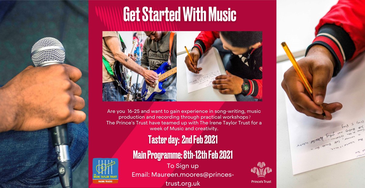 MusicinPrisons's tweet photo. ⬇️ A fantastic #FREE online creative opportunity for young people aged 16-25 in #London:

⭐️songwriting ⭐️music production⭐️recording 

We're partnering with @princestrustSR to help you #GetStartedWithMusic

For more info/ to sign-up: 📨 maureen.moores@princes-trust.org.uk https://t.co/xV2upbDTdy