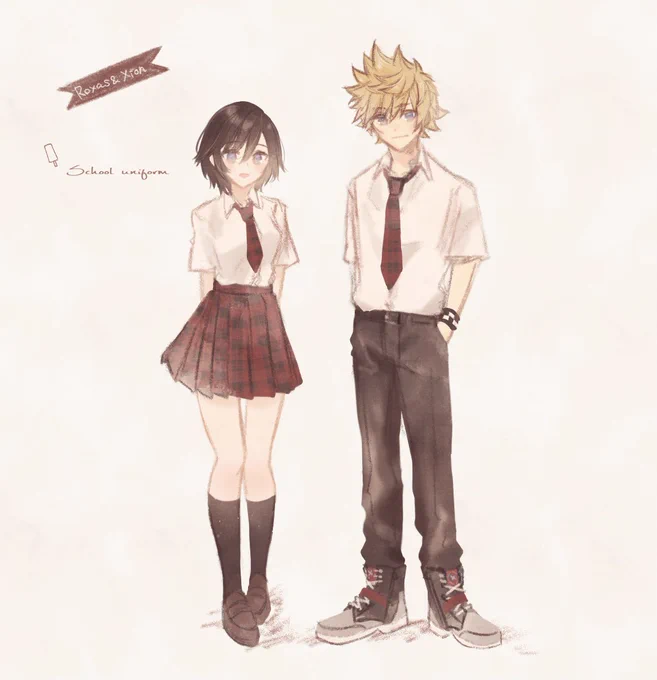 ロクサスとシオンと

運命島の制服が青なら黄昏街のは赤とか……という絵です? 