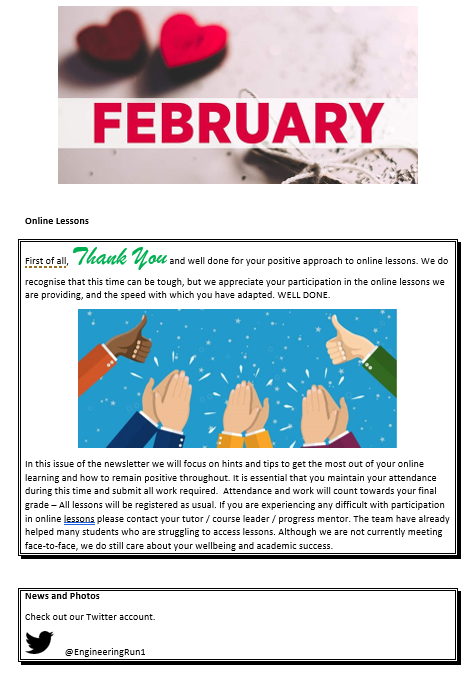 EngineeringRun1's tweet photo. Our February Newsletter, reflecting online lessons since the start of January lockdown. Well done to all our Engineering Students - keep up the good work. #engineering #runshaw #runshawlibrary #runshawprogramoffice #runshawstudentsupport https://t.co/mLGbccAU54