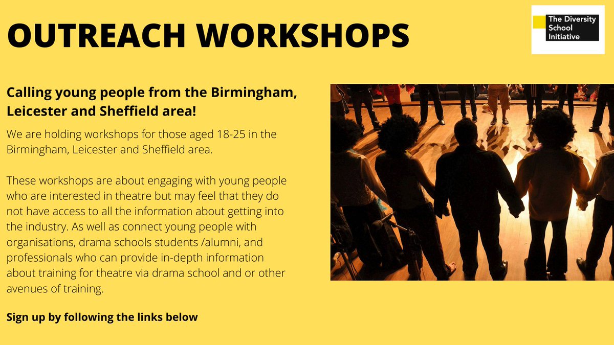 DiverseSchool's tweet photo. Calling young people from the Birmingham, Leicester and Sheffield area!

We are running a series of free workshops aimed connecting young people with those who can share their journey into the theatre industry (1/5) https://t.co/dt3OW53XxG