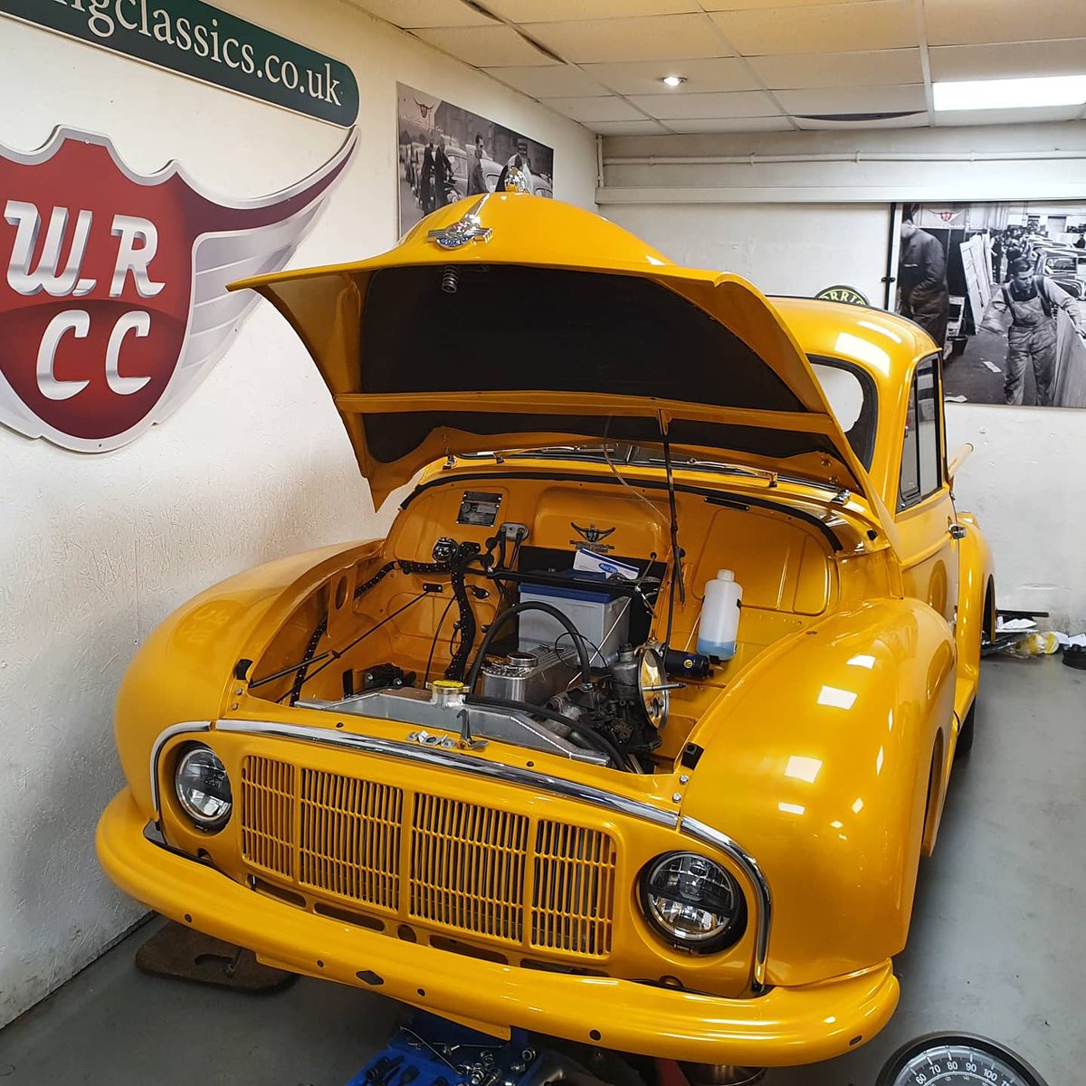 dlwrcc's tweet photo. Super pick up build progress 🐝 🐝 🐝 🐝 
the final furlong, rear arches in &amp; a peak of the new 5 spoke wheels.
The brief was to build a 1 off pick up that went and stopped well, how you think we did??🤔 

#morrisminor #customcar #restomod #customclassic #wrcc #pickuptruck #minor https://t.co/HrIKPH62I8