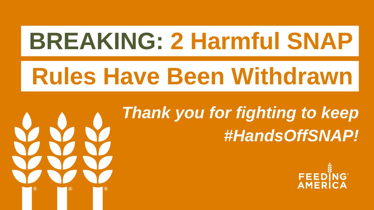 hunger's tweet photo. 🎉 BREAKING: 2 harmful rules that would have stripped SNAP food assistance for millions of families — the Categorical Eligibility and SUA rules — have been withdrawn by USDA!

Thanks to all of you for fighting to keep #HandsOffSNAP! (1/3) https://t.co/BqxRaARjYb