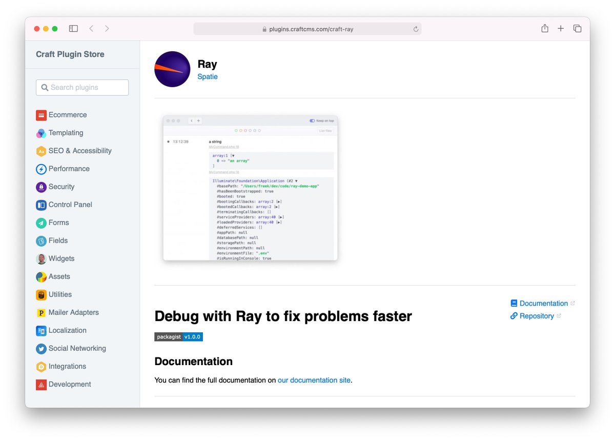 🚀 While I was giving my workshop, <a href="/Riasvdv/">Rias</a> released the Ray integration for <a href="/CraftCMS/">CraftCMS (parody)</a> 
plugins.craftcms.com/craft-ray
#php