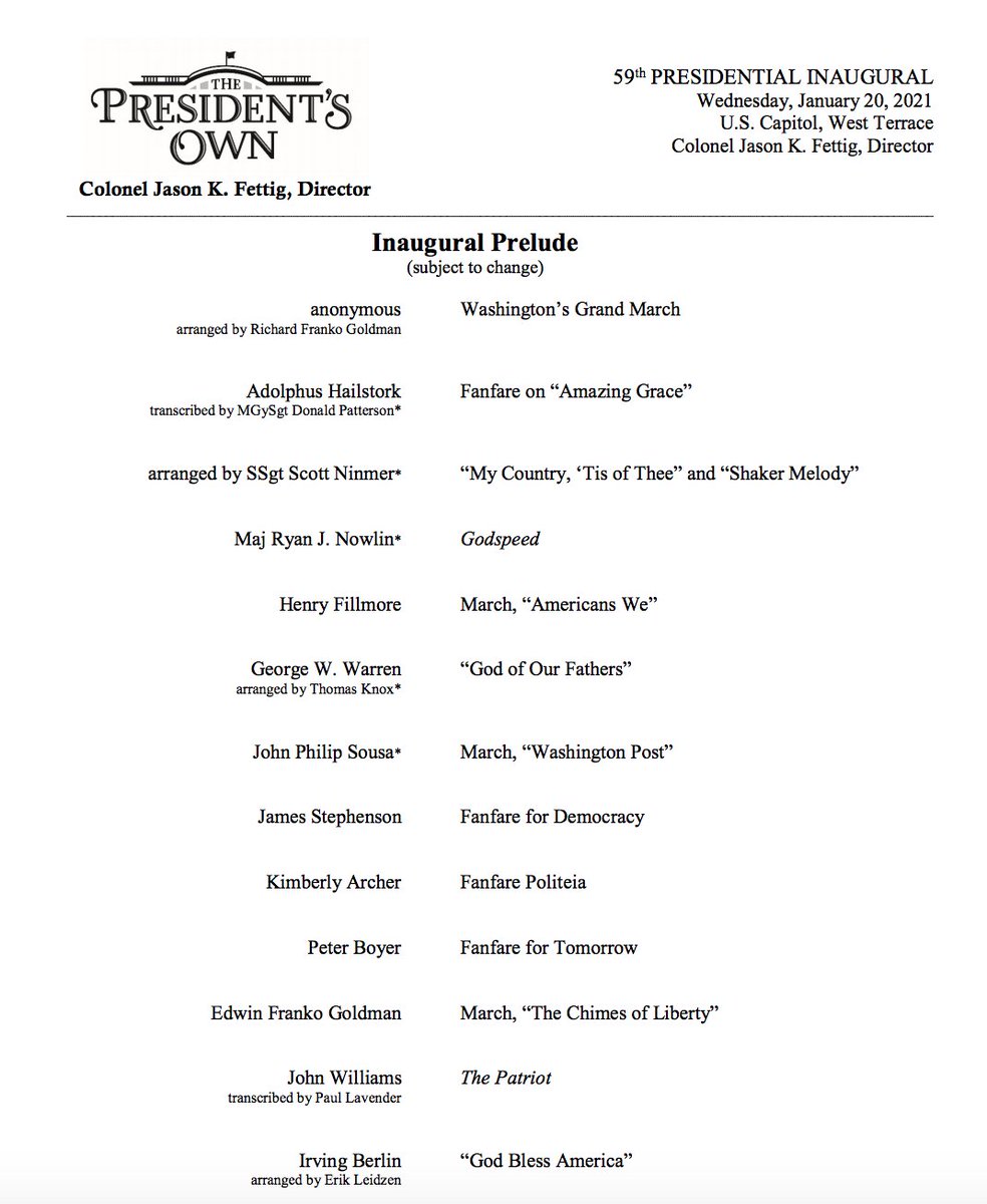 marineband's tweet photo. MUSIC EDUCATORS: Here's what the program looks like for the prelude and ceremony if your students are following along (SUBJECT TO CHANGE). Download program/more information and timeline here: https://t.co/NHRv6kvcZ0 #InaugurationDay #Inauguration2021 https://t.co/d3SVZlqoo3