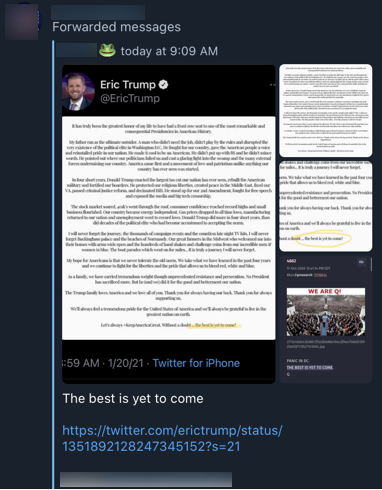 Some QAnon influencers are now pointing to a line in Eric Trump's farewell message to suggest it proves QAnon & that Trump is staying in office.