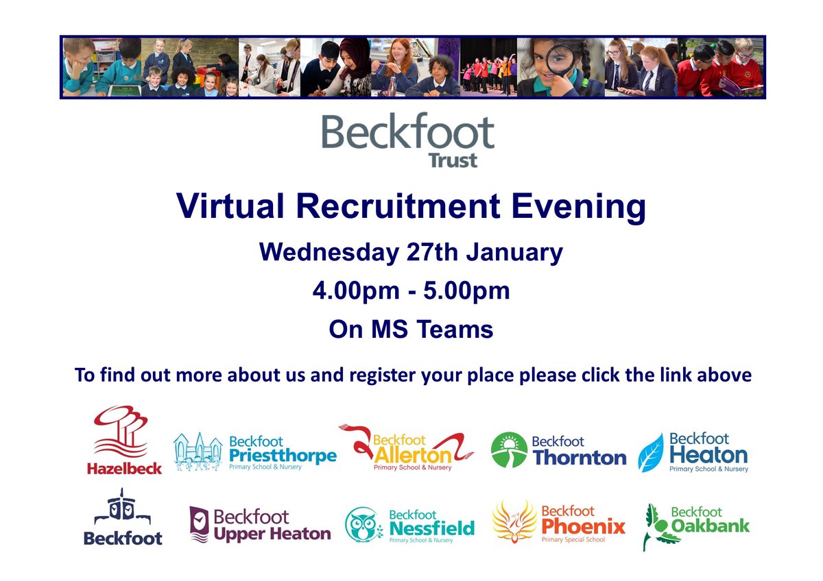 Are you an undergraduate thinking about a PGCE or a graduate thinking of a career change? Join the Beckfoot School Direct team at the Beckfoot Trust Virtual Recruitment Event on Wednesday 27th January to find out what we offer.
…ot-trust-recruitment.eventbrite.co.uk #getintoteaching