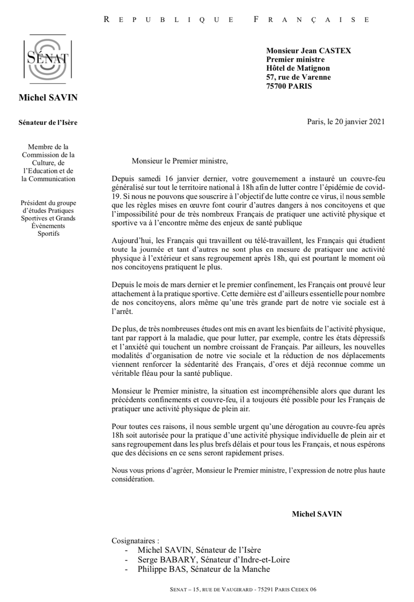 MichelSavin38's tweet photo. Monsieur le Premier ministre, laissez les Français faire du #sport !

Avec 73 sénateurs, nous demandons une dérogation au couvre-feu après 18h pour la pratique d’une activité #physique individuelle de plein air et sans regroupement pour tous les #Français ⤵️

@lesRep_Senat https://t.co/o3bcBE93mY