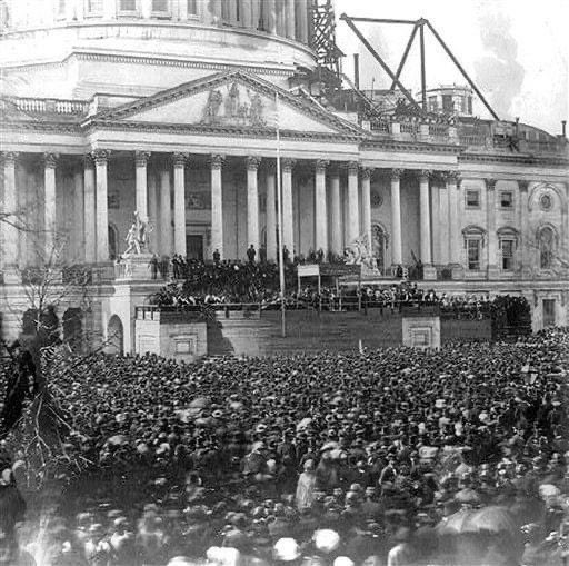 President Abraham Lincoln's #inauguration was also tense. He arrived in D.C. secretly, wearing a shawl and escorted by two armed guards. During his inauguration ceremony, sharp shooters lined the roofs and canons guarded the grounds. (via @KenBurns' 'Civil War')