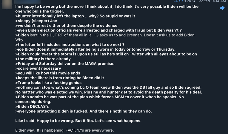 The QAnon influencer who was moving the goalposts earlier this morning is now claiming Biden has been part of QAnon all along.