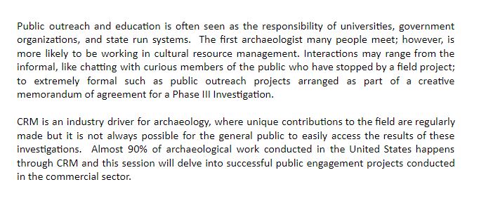 Needed: Non-American contributions for potential Springer publication primarily focused on public outreach & #CRM. Open to a range of scales & scopes of #pubarch

Also welcome: Examples of outreach where private sector #archaeology isn't common, & conducted through other avenues