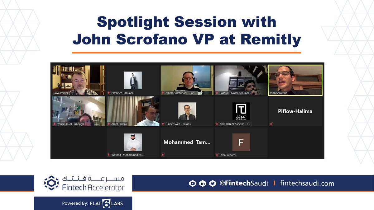 Flat6LabsAR's tweet image. Huge thanks to John Scrofano, VP of @PassbookRemitly, a leading Fintech entrepreneur, who has joined our #Fintech startups in a session to talk about his journey, tribulations and successes driving a customer-focused enterprise forward. #FintechAccelerator @FintechSaudi