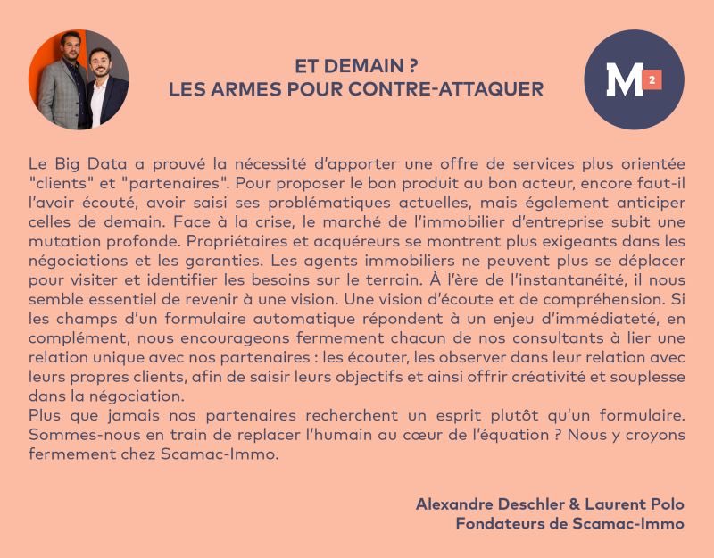.<a href="/SCAMACIMMO/">SCAMAC-IMMO</a> prend la parole dans le Flash M² de la Lettre M2 👏🦩
Laurent POLO &amp; Alexandre Deschler expliquent leur vision du marché de l'immobilier d'entreprise de demain et leur volonté de mettre l'humain au coeur de l'équation 🤝

#immobilier #immo #business #experts