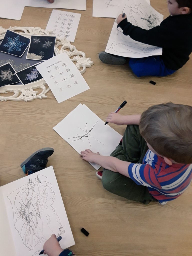 AshbridgeMaxy's tweet photo. A big group doodle game in the #atelier this afternoon. We are making focused marks, some following paper directions and some directed by our imaginations. #doodle #eytalking #eyfstwittertagteam #markmakingmatters @NDNAtalk #EYFS #earlylearning #workingtogether https://t.co/FlHianbqdb