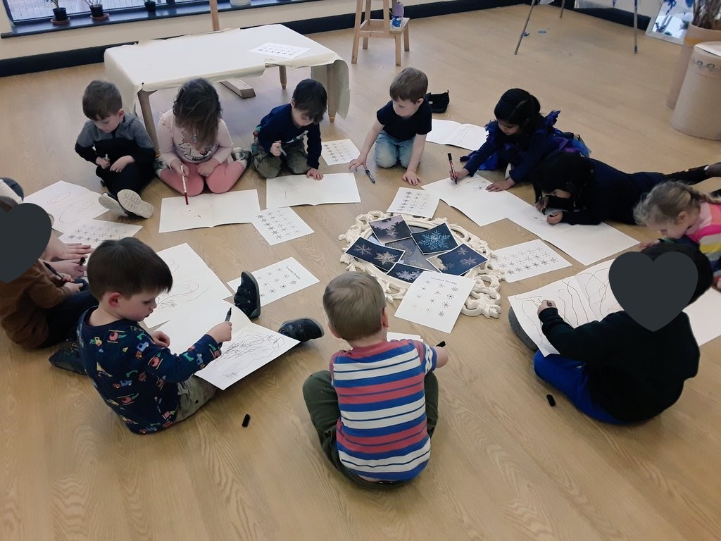 AshbridgeMaxy's tweet photo. A big group doodle game in the #atelier this afternoon. We are making focused marks, some following paper directions and some directed by our imaginations. #doodle #eytalking #eyfstwittertagteam #markmakingmatters @NDNAtalk #EYFS #earlylearning #workingtogether https://t.co/FlHianbqdb