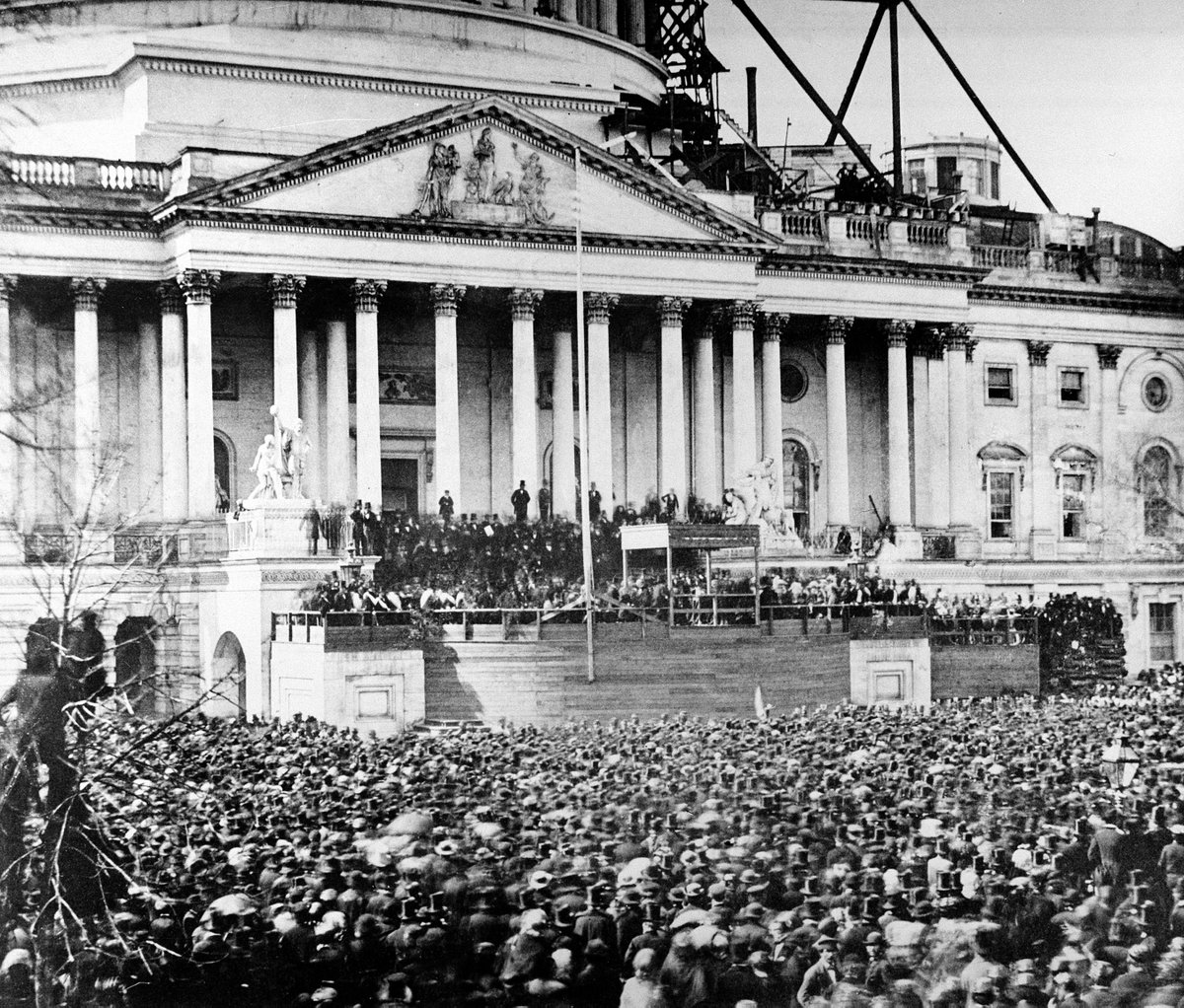 Wondering what the scaffolding is behind Abraham Lincoln’s 1861 swearing-in ceremony?It’s being used in construction of the Capitol dome, which was completed four years later in 1865. (AP Photo)
