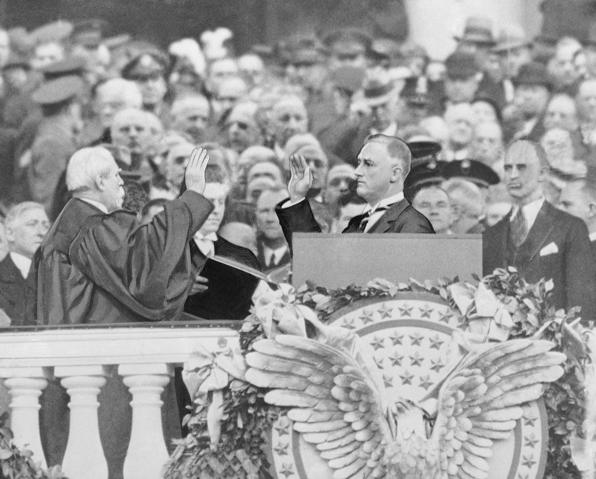 Franklin Delano Roosevelt is pictured here at his first inauguration. At his second in 1937, he became the first president to be sworn in on January 20th.FDR actually holds the record for the most inaugurations: four. Term limits were enacted after he died. (AP Photo)
