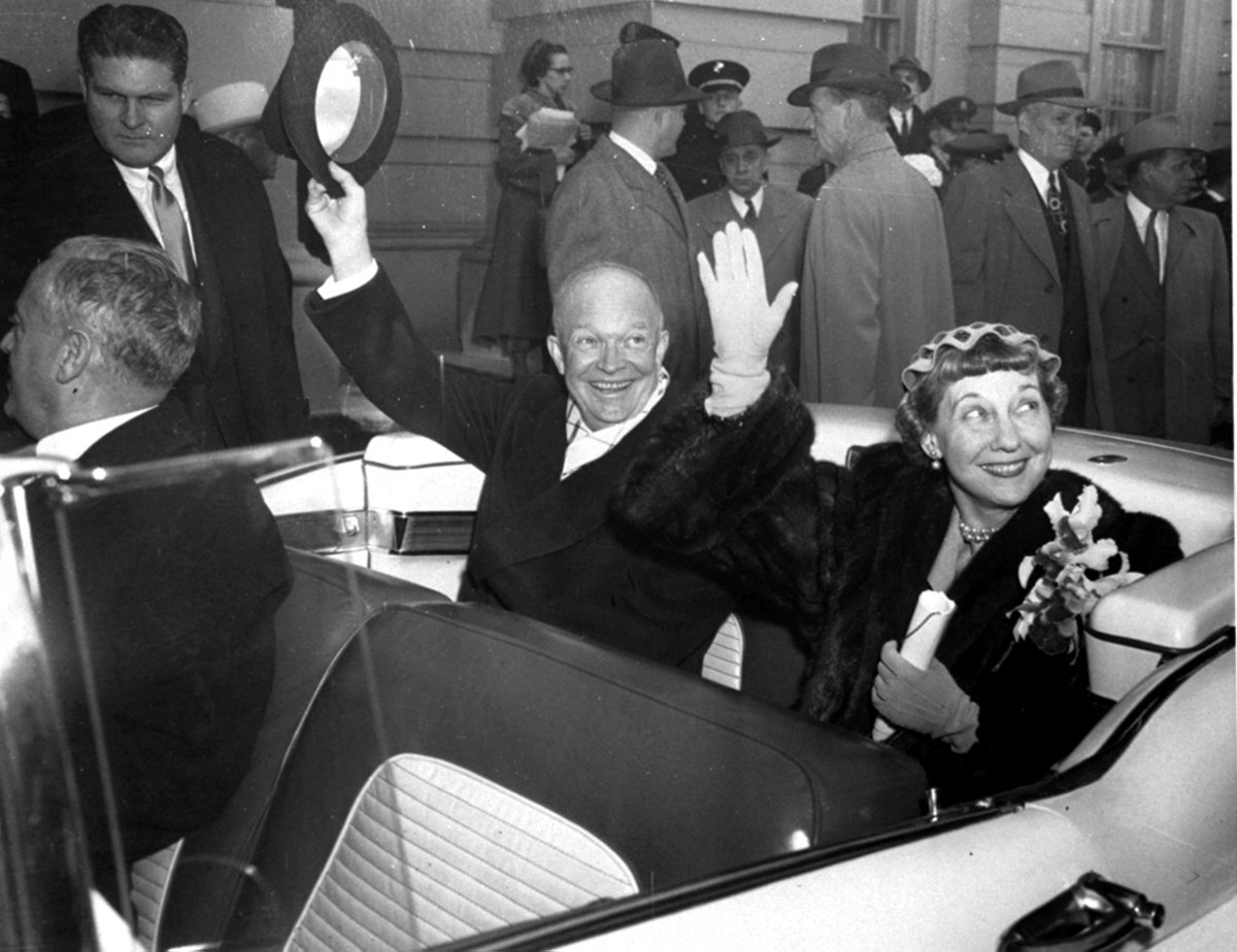 Something you likely won’t see today: Moments after he officially became president in 1953, Dwight Eisenhower and First Lady Mamie Eisenhower waved to Americans out of an open car. (AP Photo)