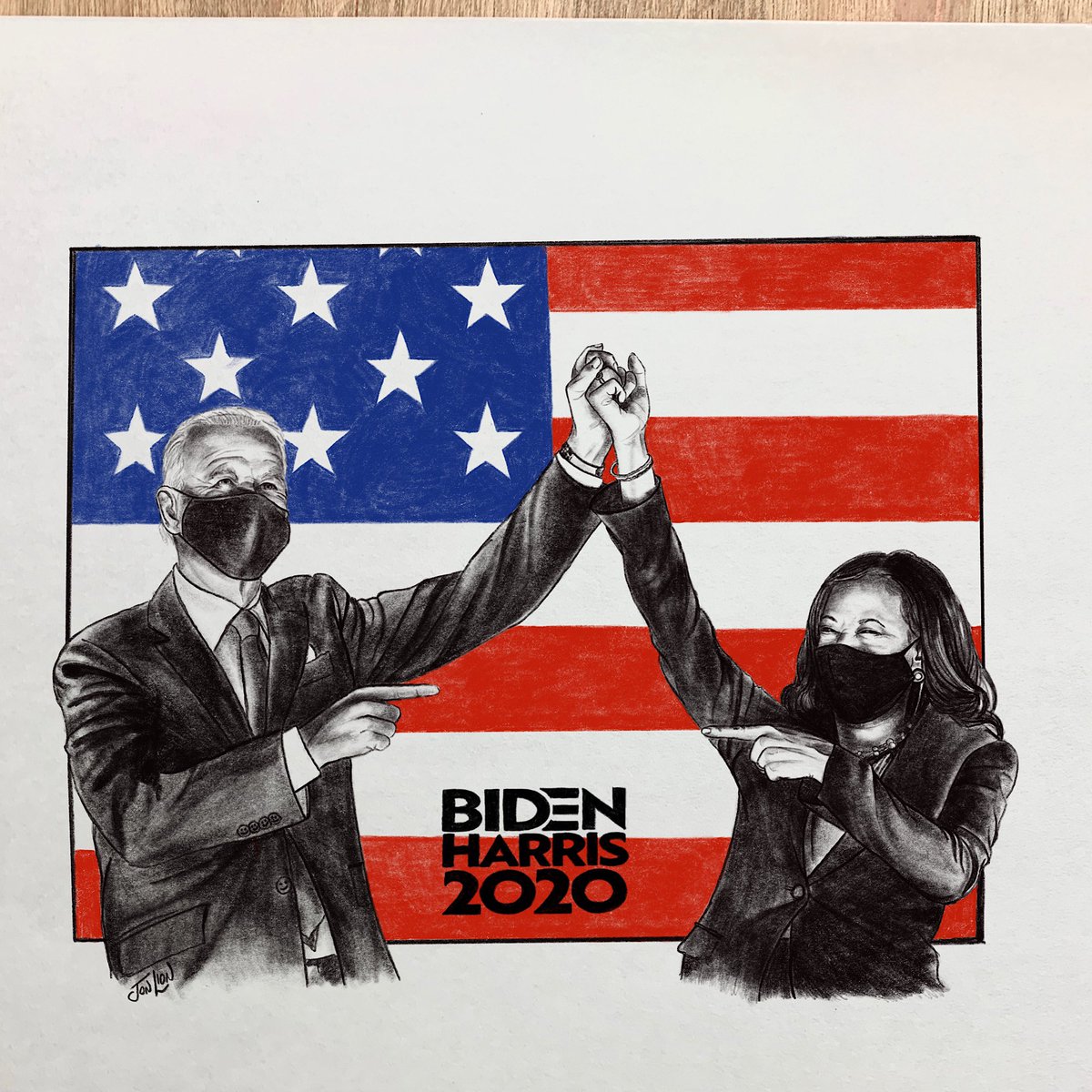 jonlionfineart2's tweet photo. I woke up this morning &amp; put this drawing on my kitchen table and stared at it while sipping my coffee...

The house was quiet....tears trickled down my cheeks

America, it’s time to start the healing process.

My @JoeBiden &amp; @KamalaHarris drawing is for us ALL

#InaugurationDay https://t.co/f3WDYNyQkN
