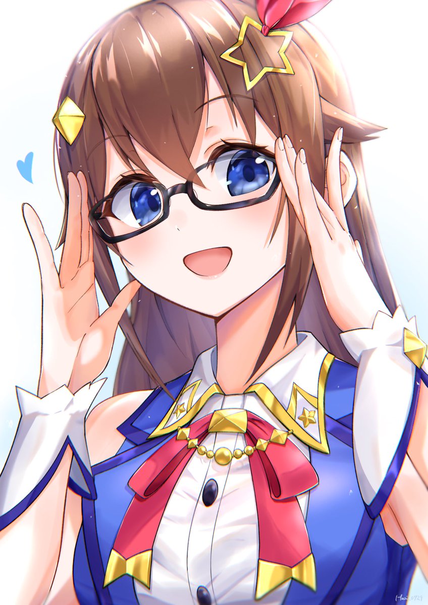 tokino sora 1girl solo glasses long hair brown hair hair ornament ribbon  illustration images