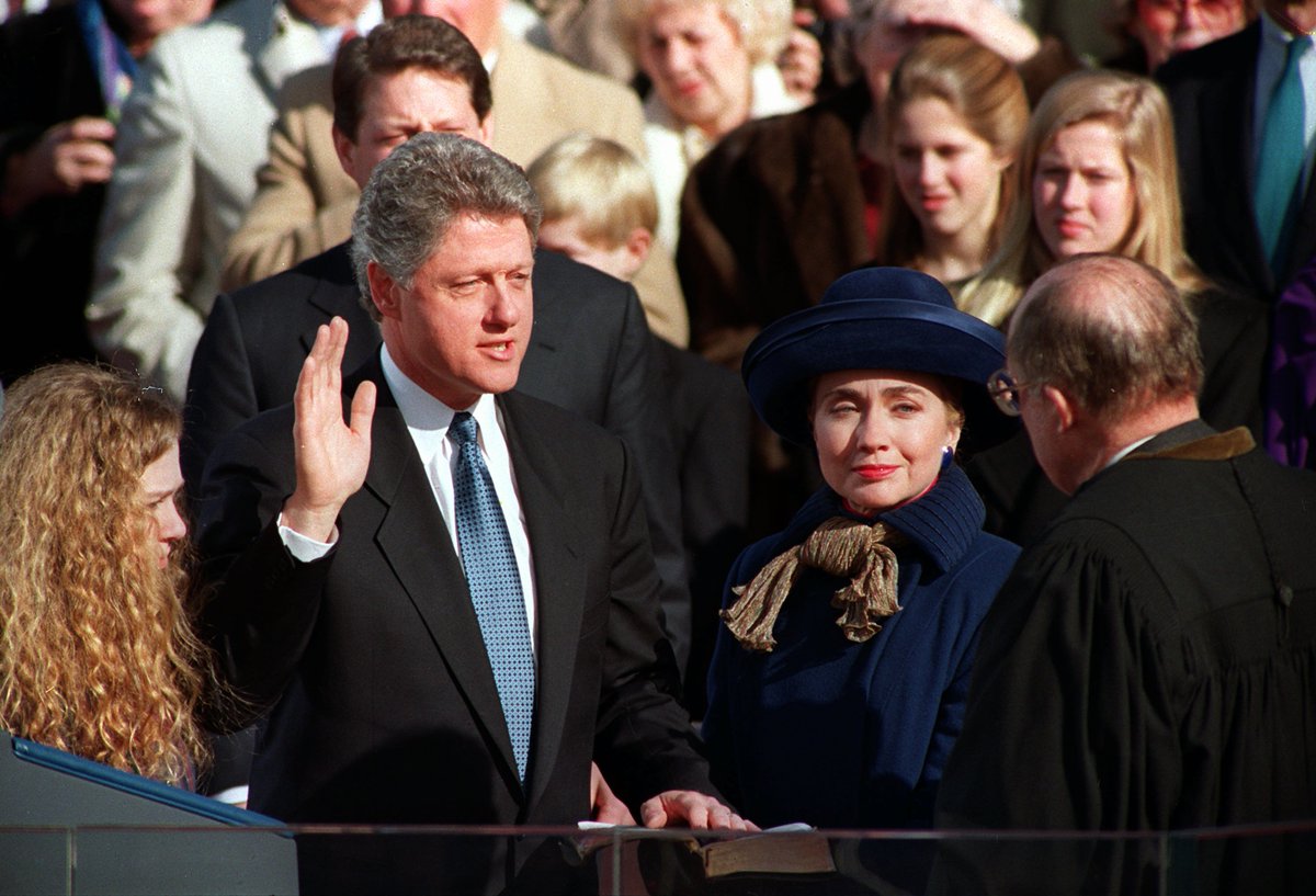 Bill Clinton took the oath of office in 1993, with Hillary by his side.Clinton’s inauguration was the first to be live-streamed. Ah, the internet. (AP/Ed Reinke)