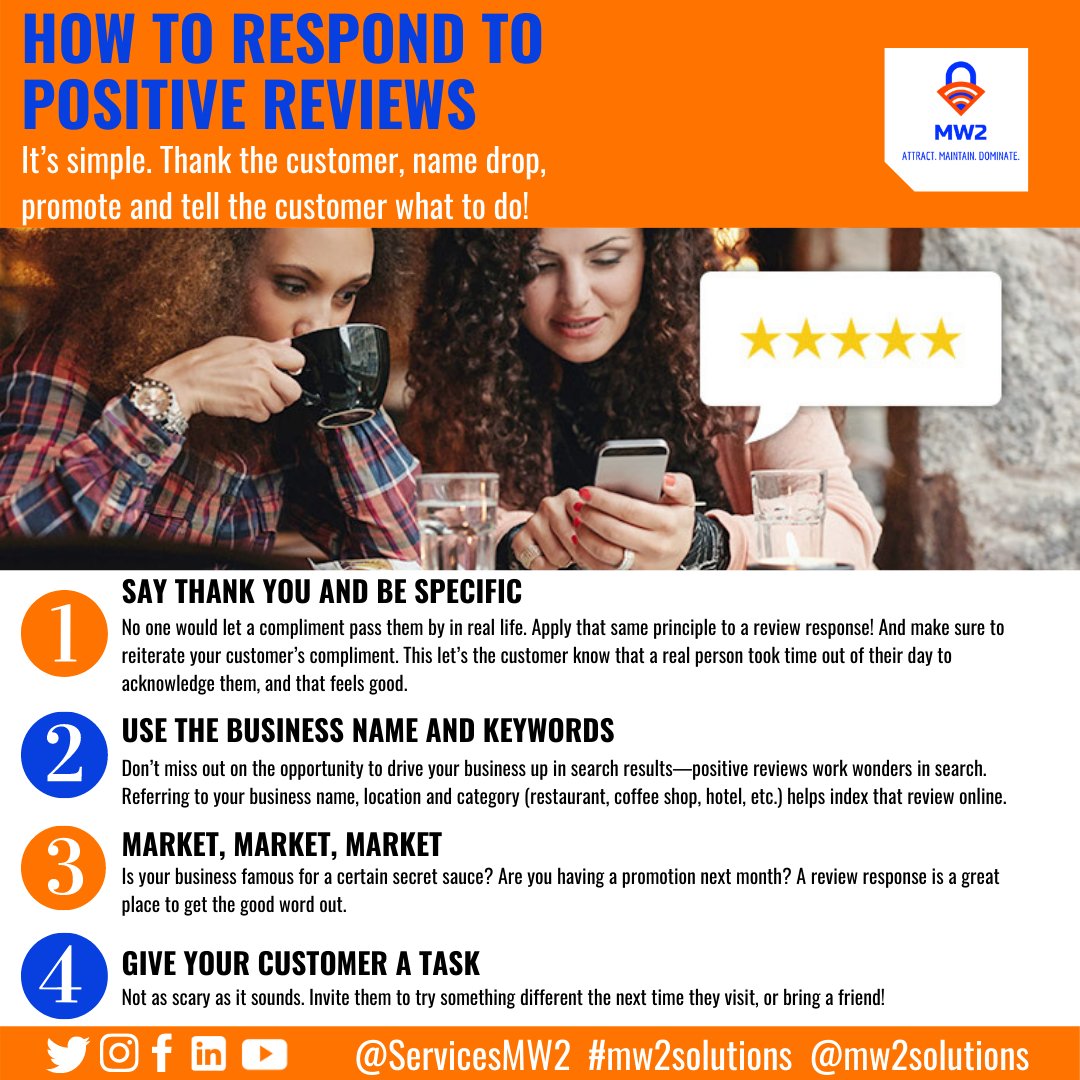 ServicesMw2's tweet image. Helpful tips from MW2 on &quot;How to Respond to Positive Reviews&quot;...MW2 Solutions&apos; custom dashboard allows you to view and respond to reviews across all platform all in one place! Contact us today for more info. #mw2solutions #mw2dashboard @ServicesMw2 @MW2 Solutions