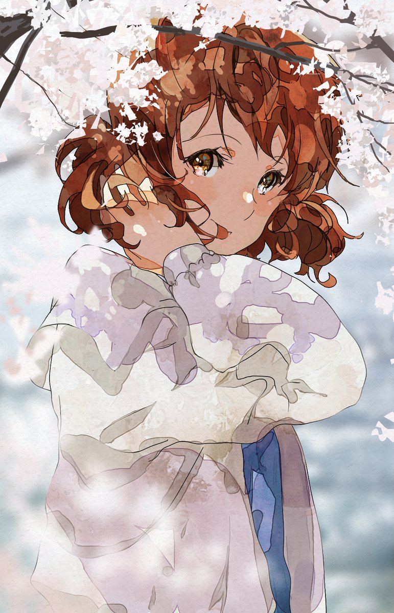 oumae kumiko 1girl solo brown hair brown eyes long sleeves cherry blossoms looking at viewer  illustration images