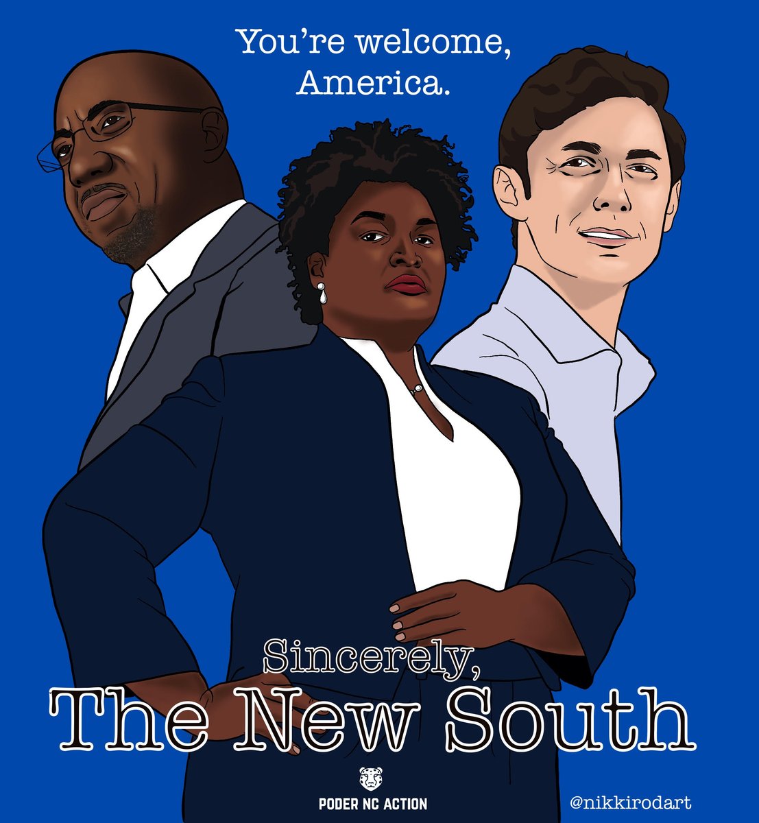 Congress also looks different-there are more progressive Members of Congress to hold accountable, including the first #Latinx Senator from CA! #TheNewSouth finally has representation through the newly elected GA Senators, @ReverendWarnock and @ossoff. (2/6) (art by @nikkirodart)