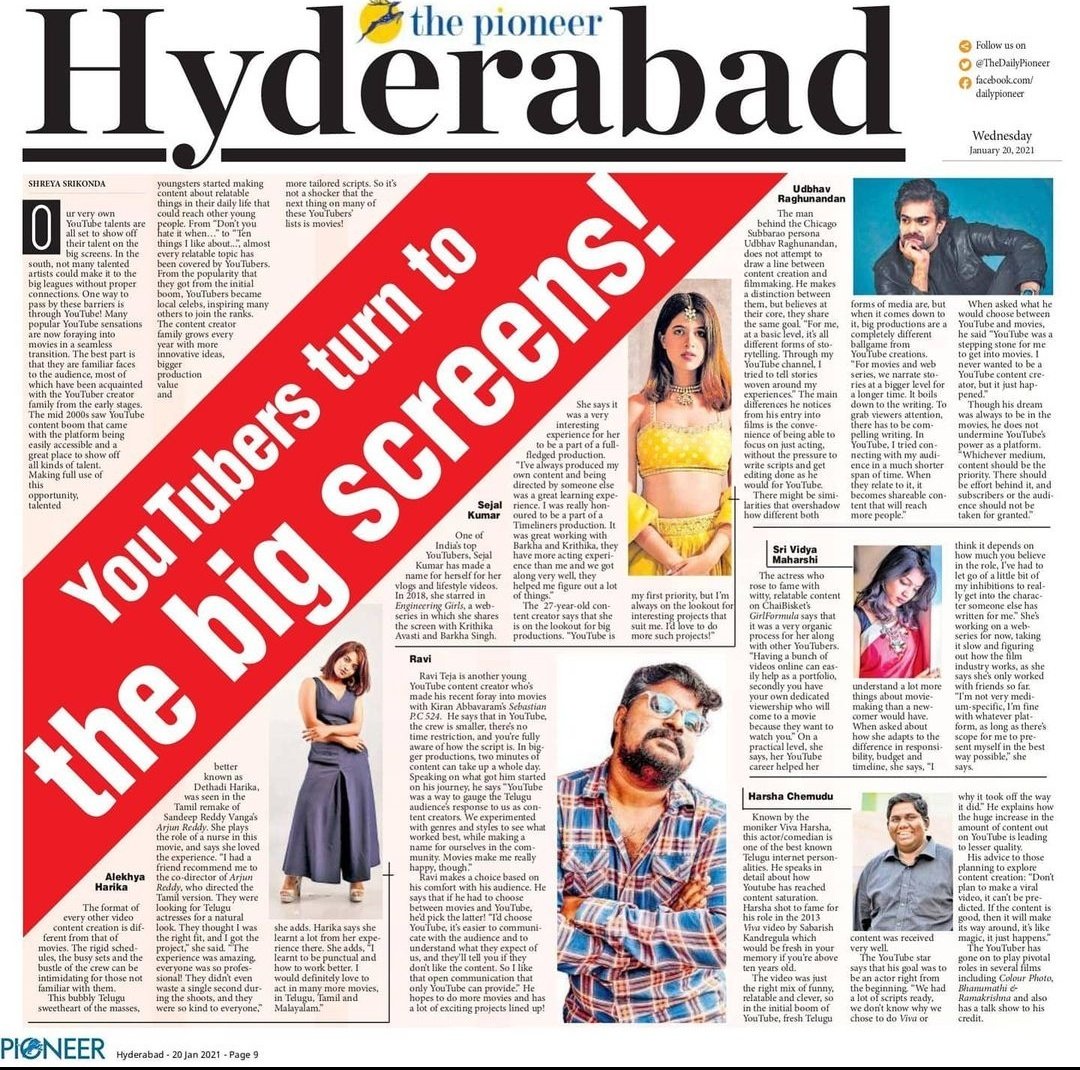 Dhraupadi's tweet photo. May be it is just an article for someone...but for these peoples from "NOWHERE TO SOMEWHERE" trying to prove themselves and dreaming about big goals..wishing to see them more on big screen.
@harshachemudu @harika_alekhya #AlekhyaHarika #Harika #srividya #udhav #ravi #sejalkumar https://t.co/DciXlhF1gu