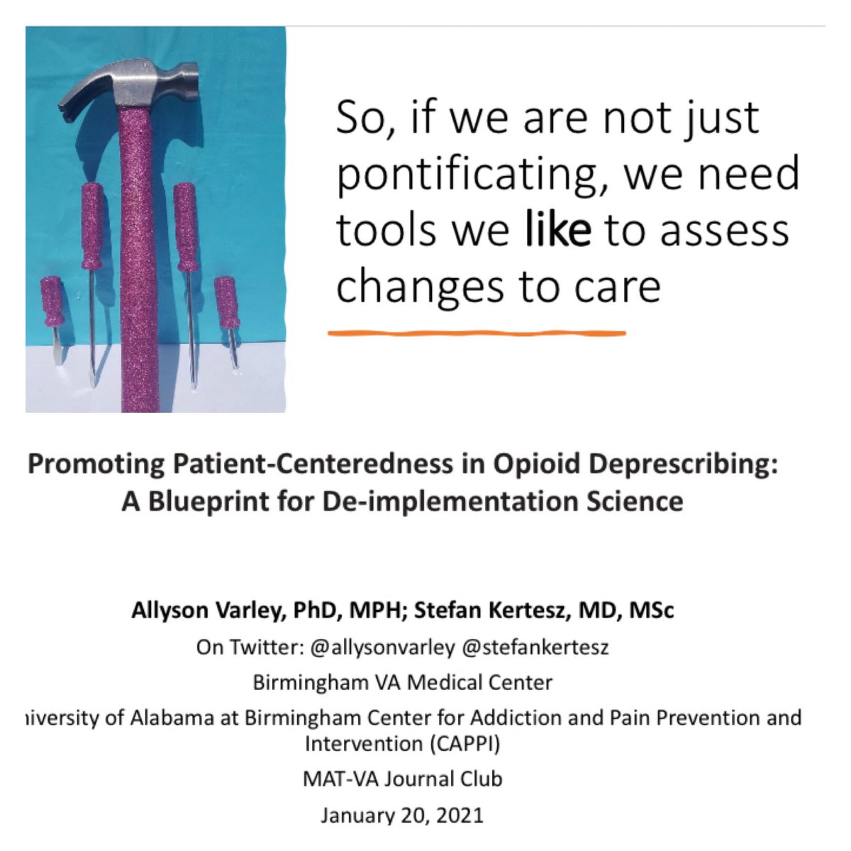 1/I am excited to present our article today online at 11 Central w/ <a href="/AllysonVarley/">Allyson Varley, PhD</a> : 

“Promoting Patient-Centeredness in Opioid Deprescribing: A Blueprint for De-implementation Science”

It is *not appropriate* to simply count the ⬇️ in opioid prescriptions, and call that “good”
